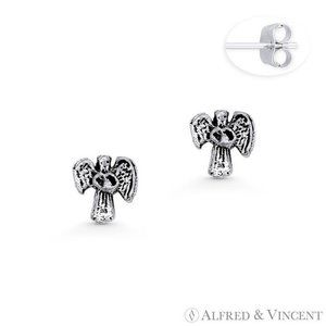 Cherub Angel Christian Charm Stud Earrings in Oxidized .925 Sterling Silver